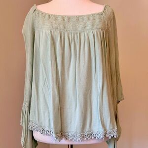 RAGA size, large, junior, sage green, off shoulder blouse.